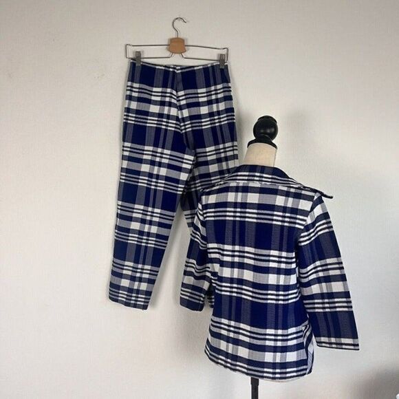 Vintage 70s Blue & White Plaid Button Down Jacket & Straight Leg Pant Set Small - Picture 2 of 12